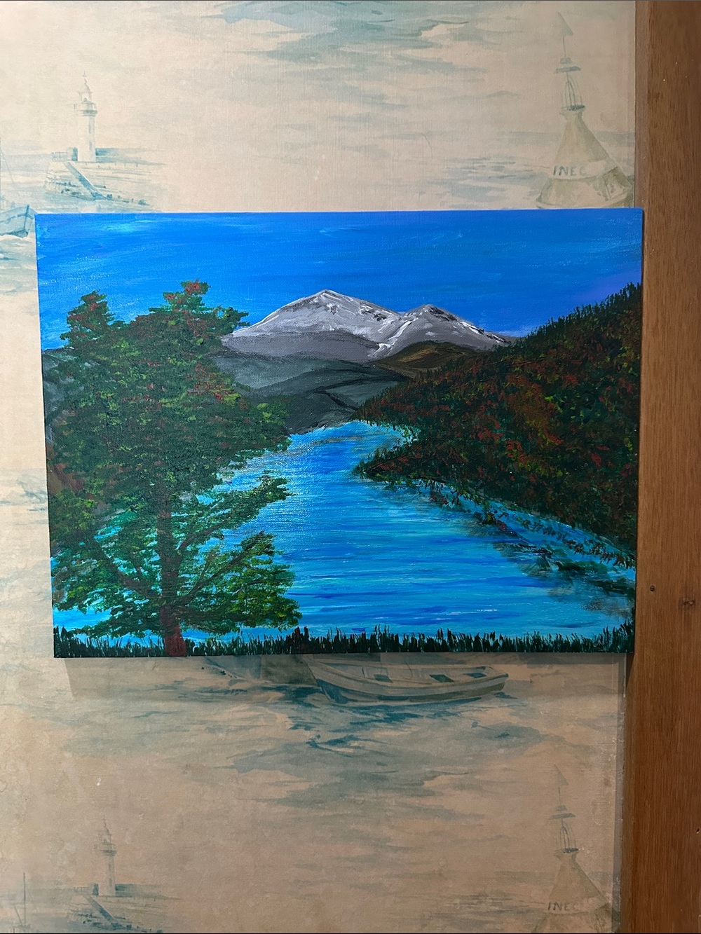 Hand-Painted Blue Lake Landscape Canvas Art